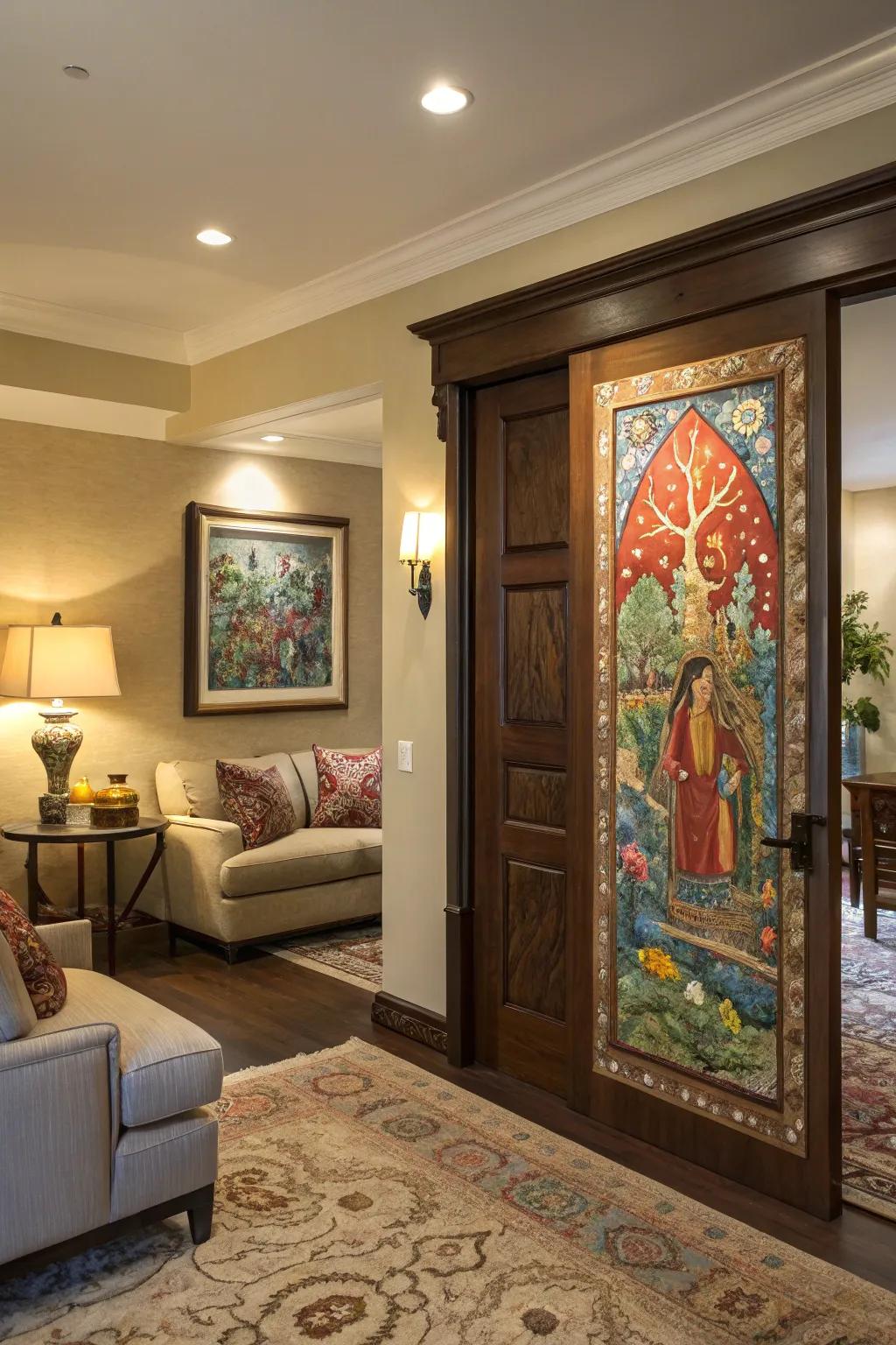 A living room with a hidden door concealed behind artwork.