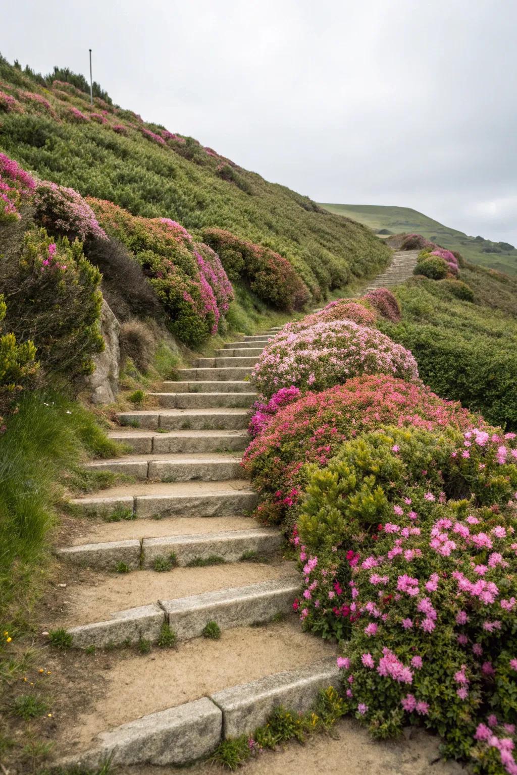 Lush greenery frames steps beautifully, blending them into the landscape.