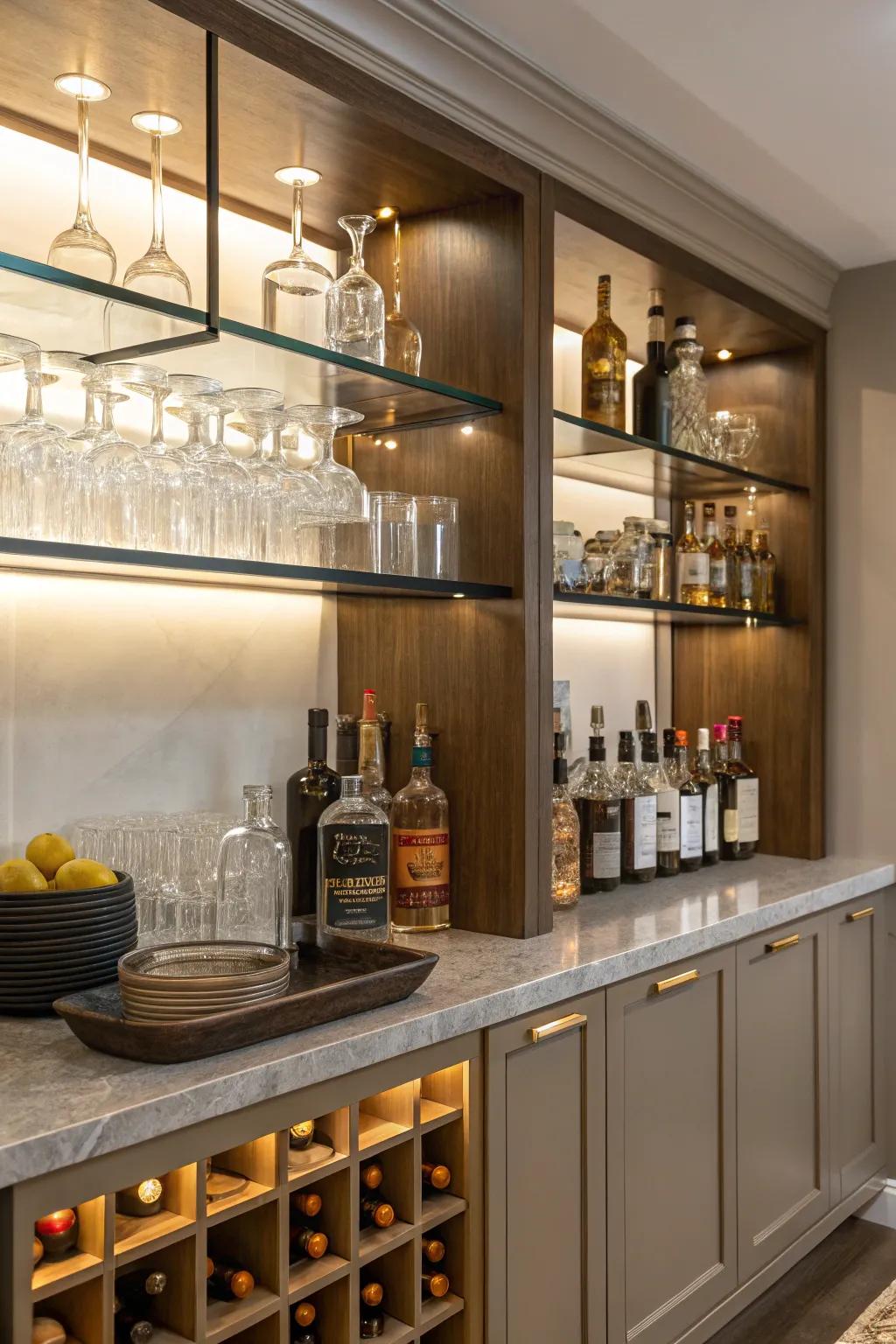 Open shelves are great for showing off your bar stuff.