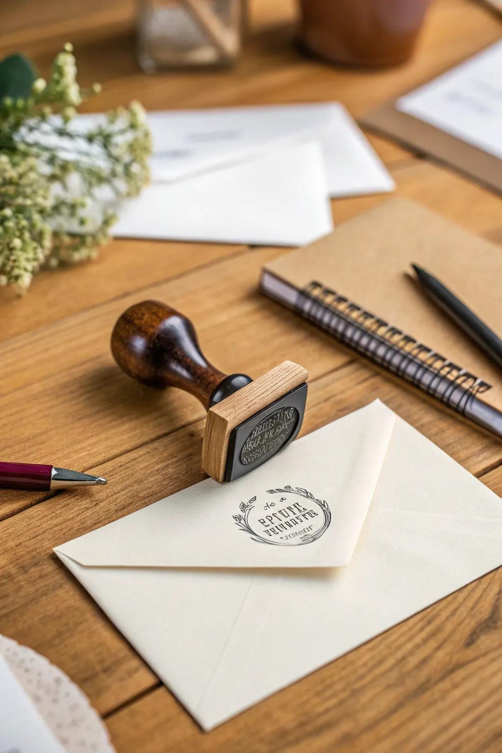 A personalized address stamp, perfect for home correspondence.