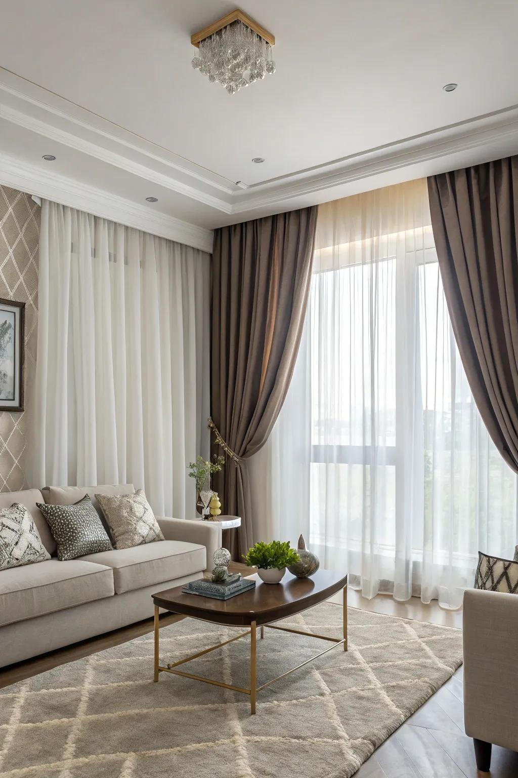 Layered curtains provide both functionality and aesthetic appeal.