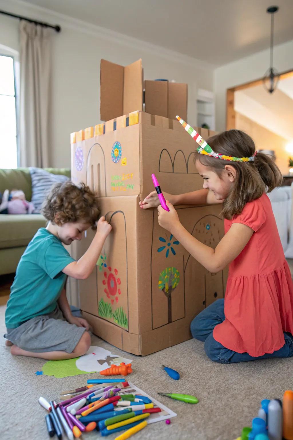 A cardboard box castle is a canvas for creativity and play.