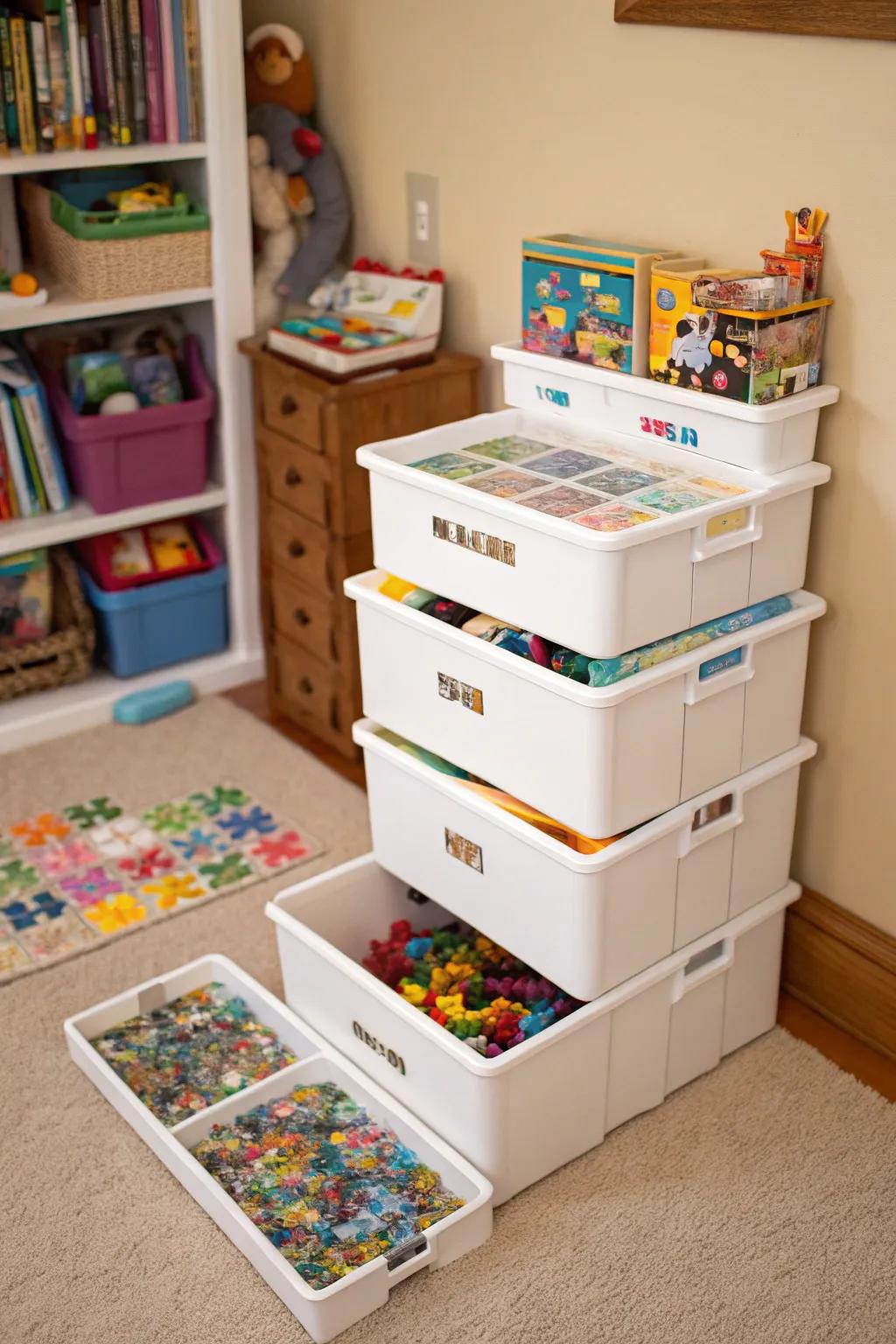 Stackable boxes filled with puzzles.