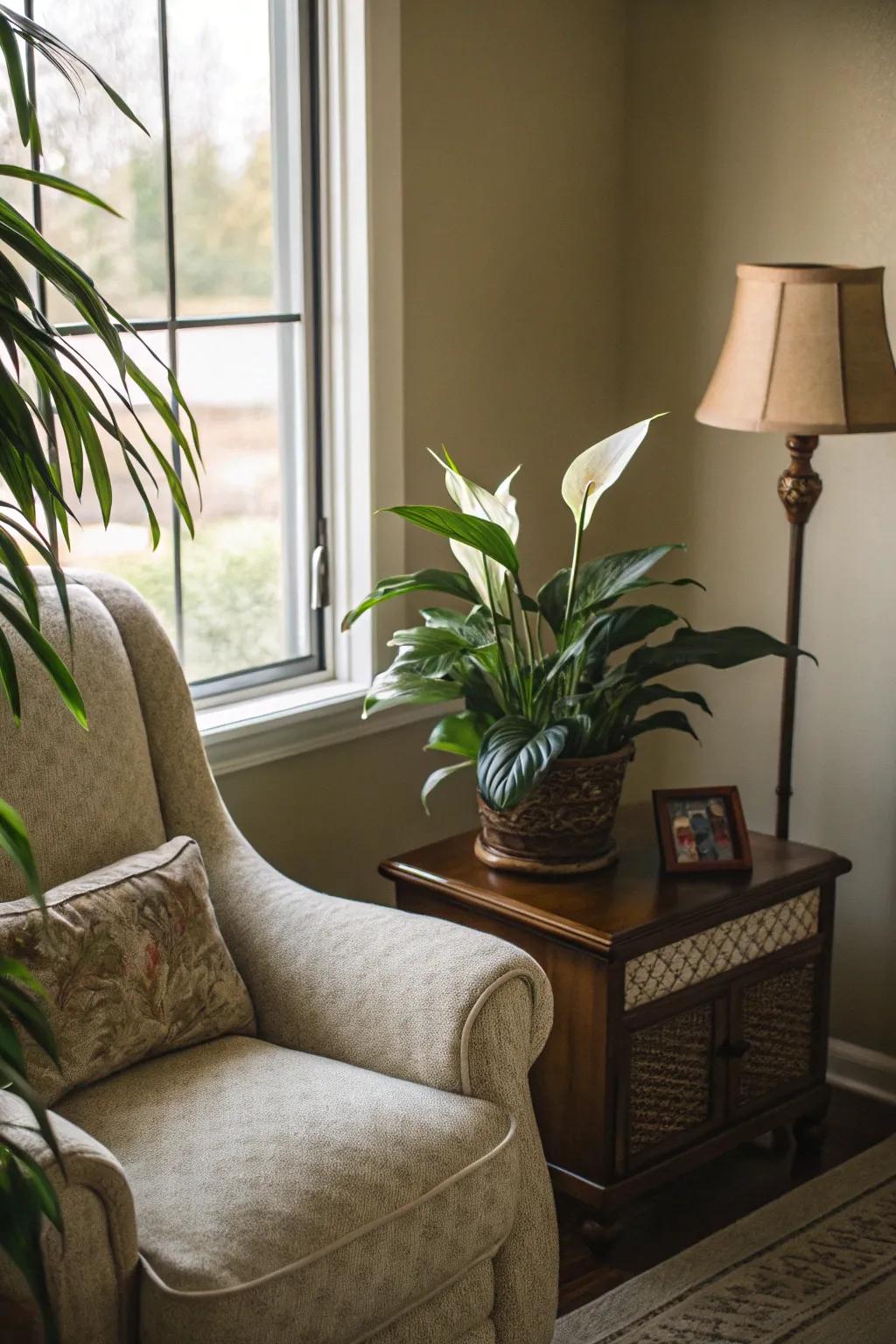 Create a peaceful retreat with a peace lily in a cozy corner.