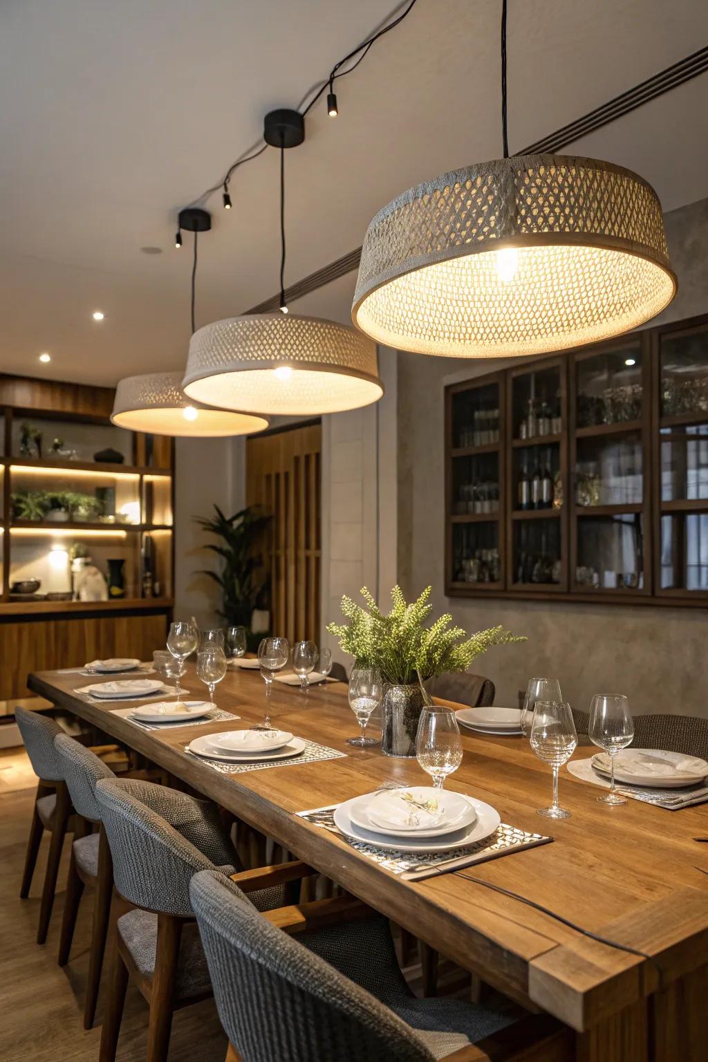 Elegant dining area with industrial high bay lighting