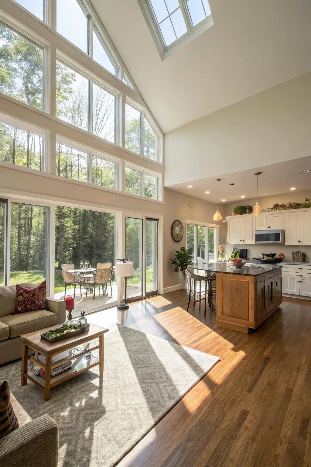 Natural light floods an open living space, enhancing its warmth.