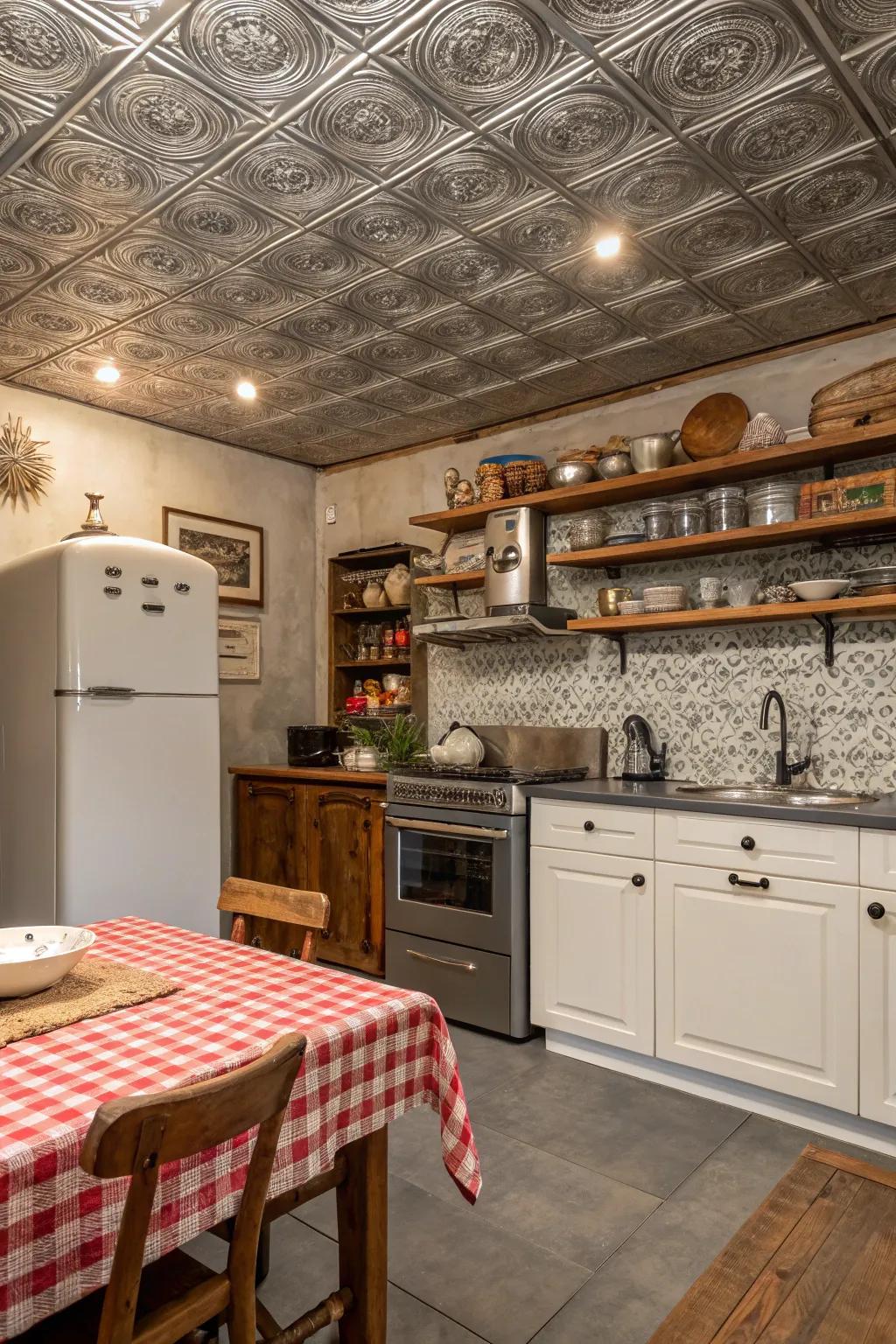 Achieve a vintage look with tin ceiling tiles in your kitchen.