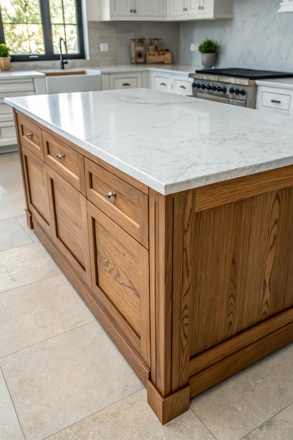 Different textures on the cooking area's central island produce a remarkable visual impact.