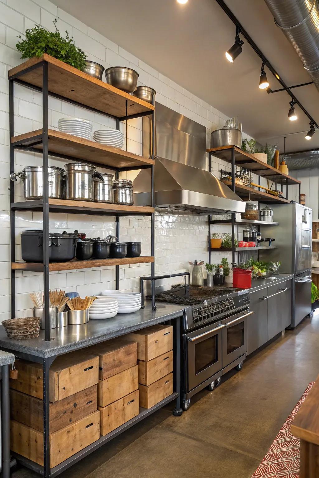 The combination of timber and steel creates a unique kitchen style.
