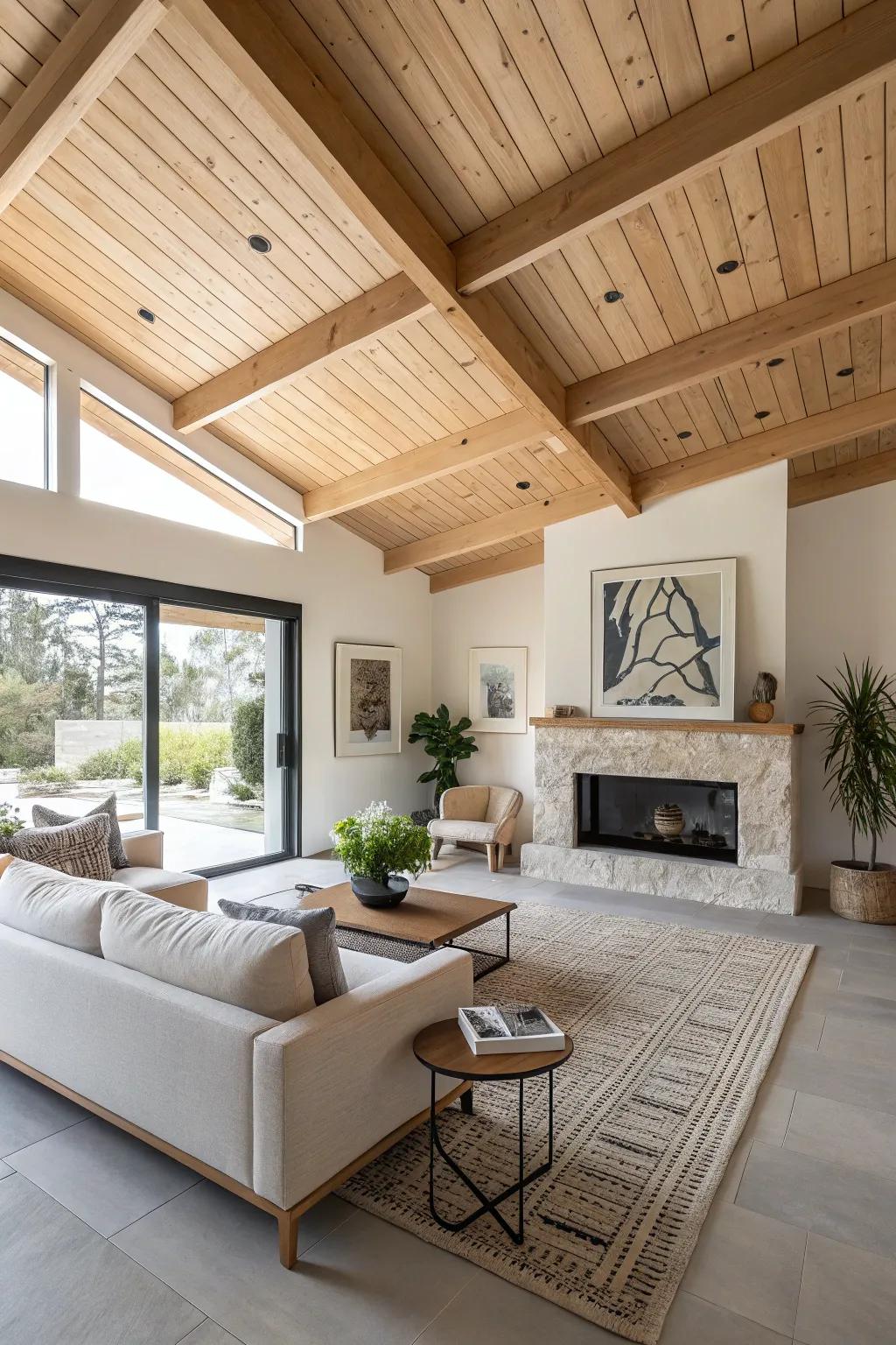 A modern living room with a chic twist on knotty pine ceilings.