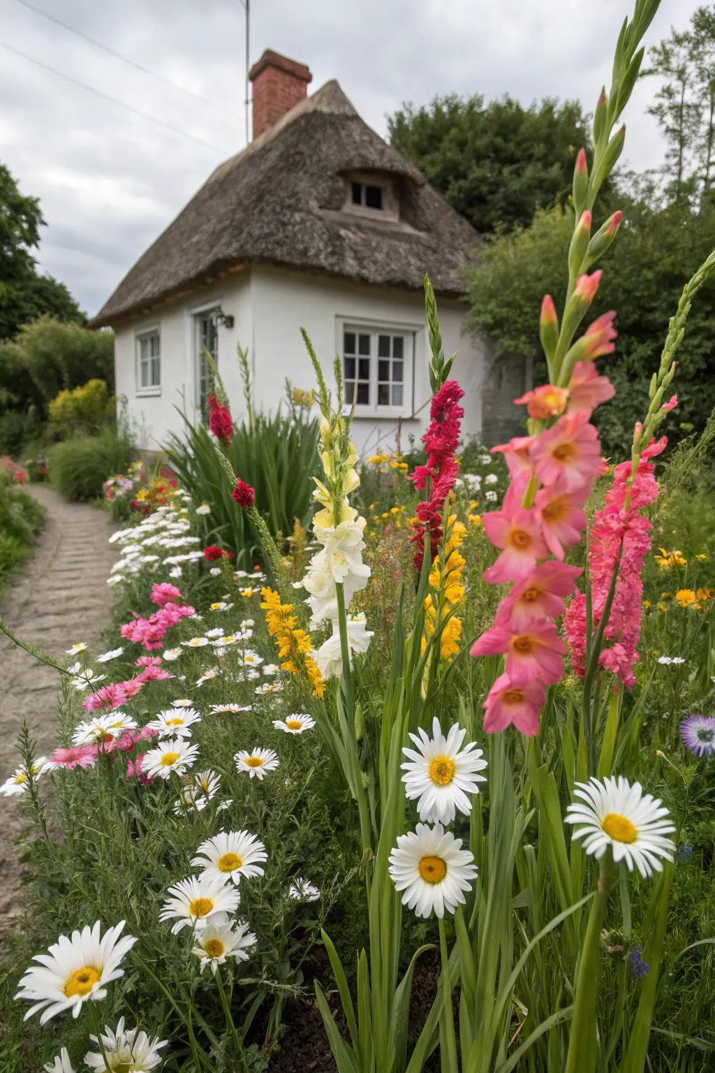 A quaint cottage garden showcasing gladioli for a delightfully nostalgic atmosphere.