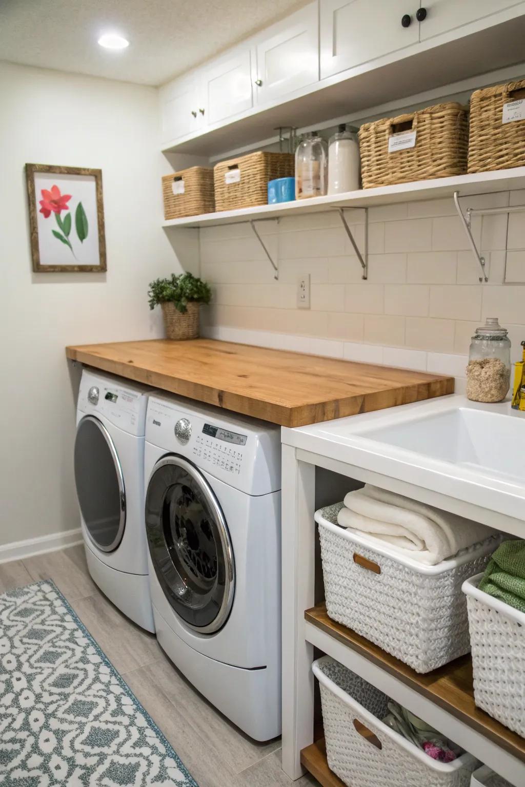 A butcher block counter provides a warm, natural surface for folding.