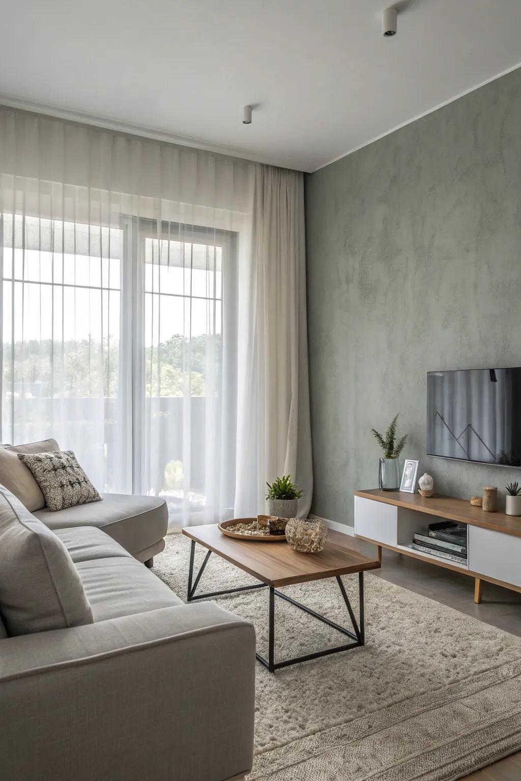 An understated light gray accent wall introduces a refined elegance.