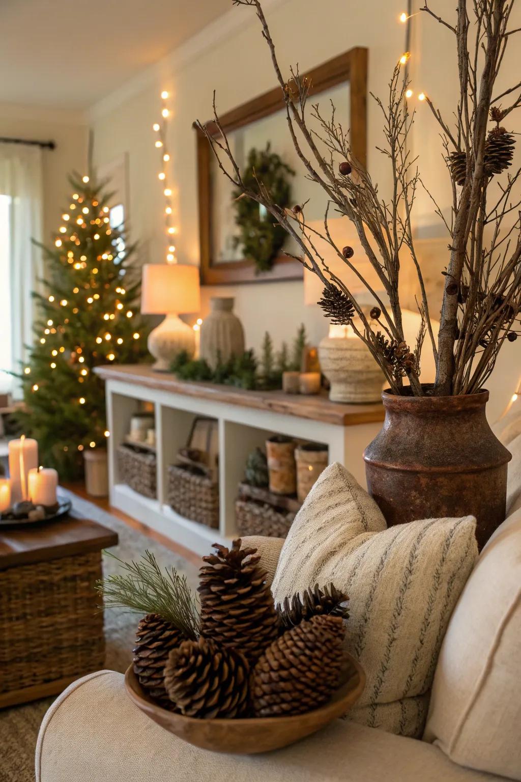 The earthy ambiance of this fall atmosphere is created using natural materials like pine cones and branches.