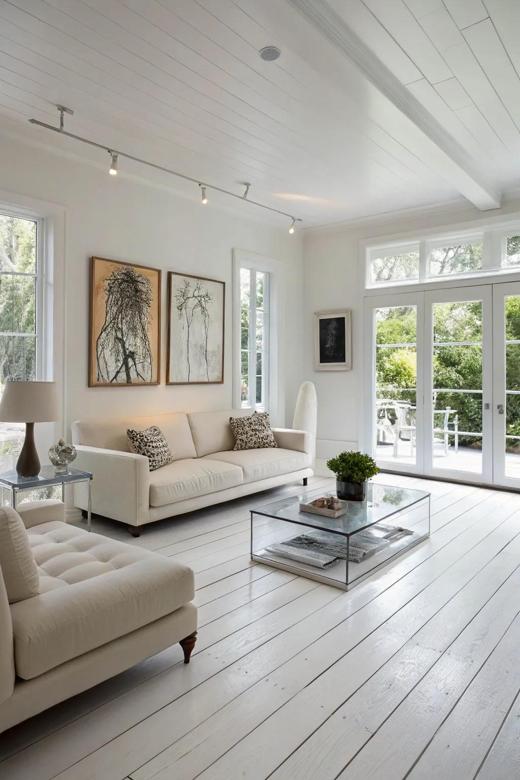 Modern furniture enhances the contemporary aesthetic of white wood floors.