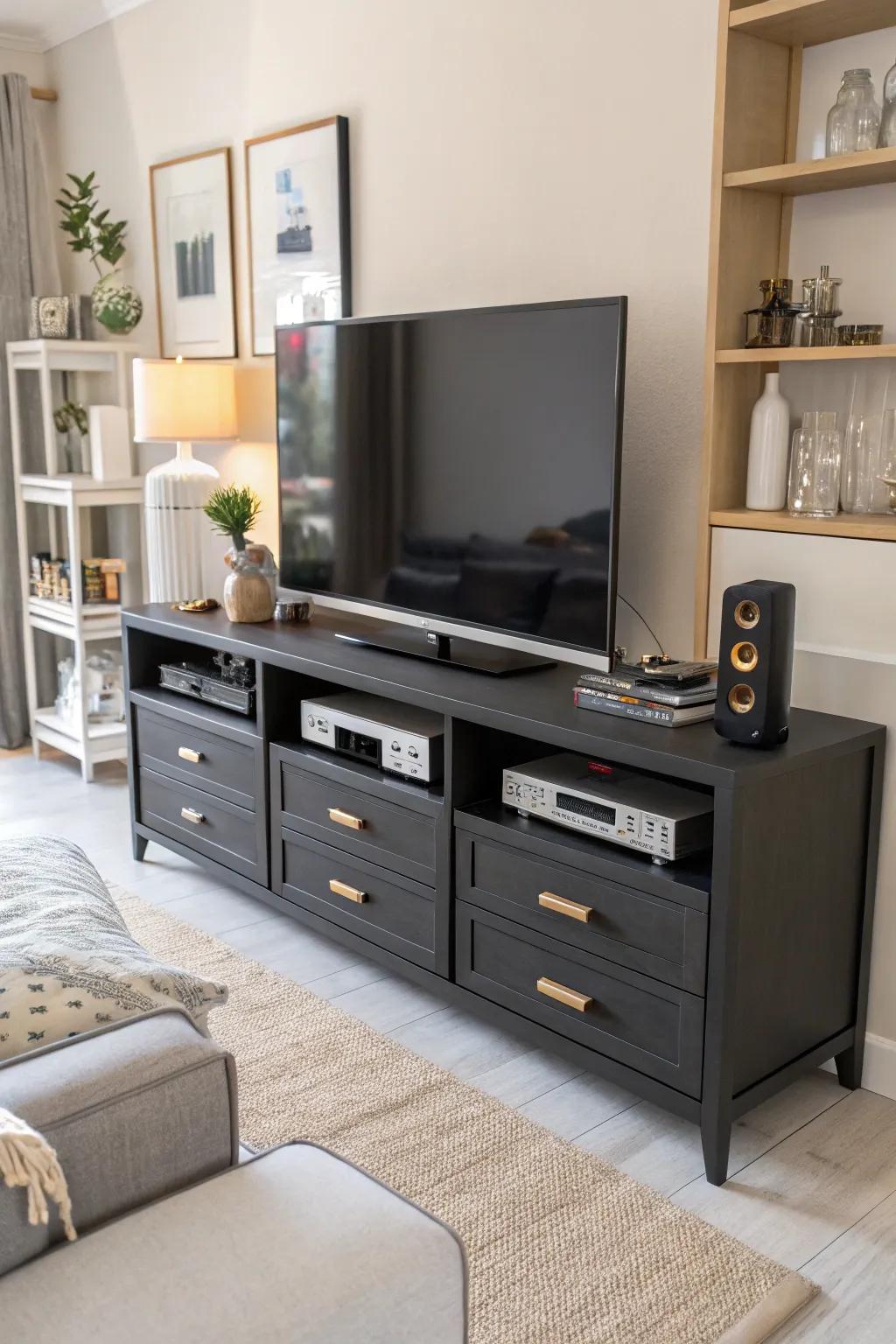 A modern TV stand with storage helps keep the living room clutter-free.