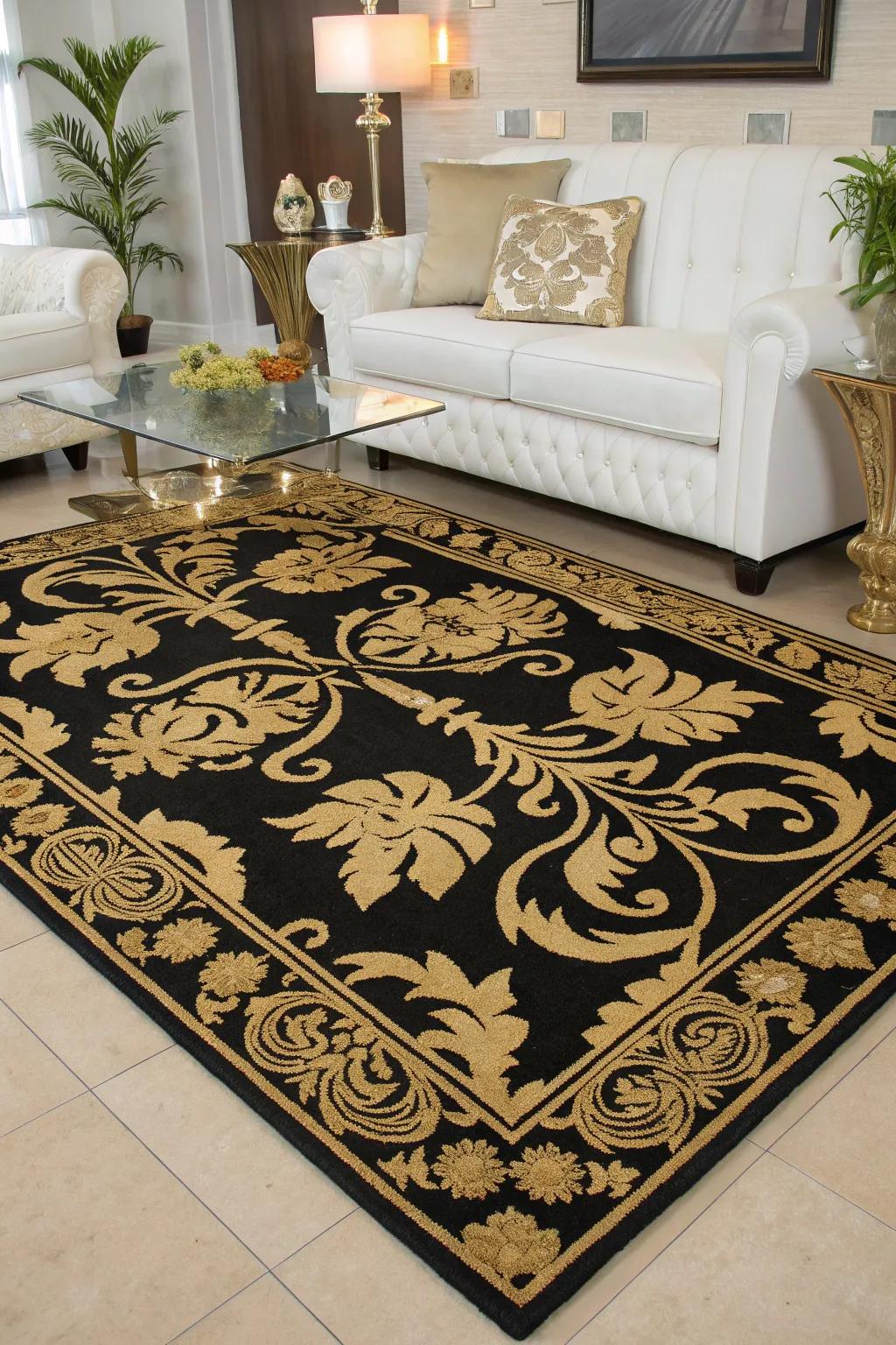 A deluxe rug ties together the black and gold theme.