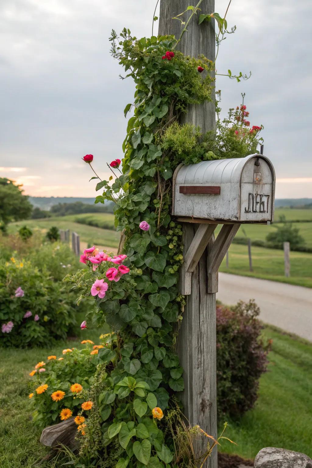 Climbing vines add a whimsical touch to your mailbox setting.