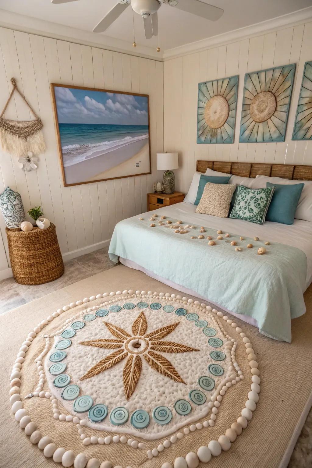 A seashell mandala design enhancing a beach-themed guest room.