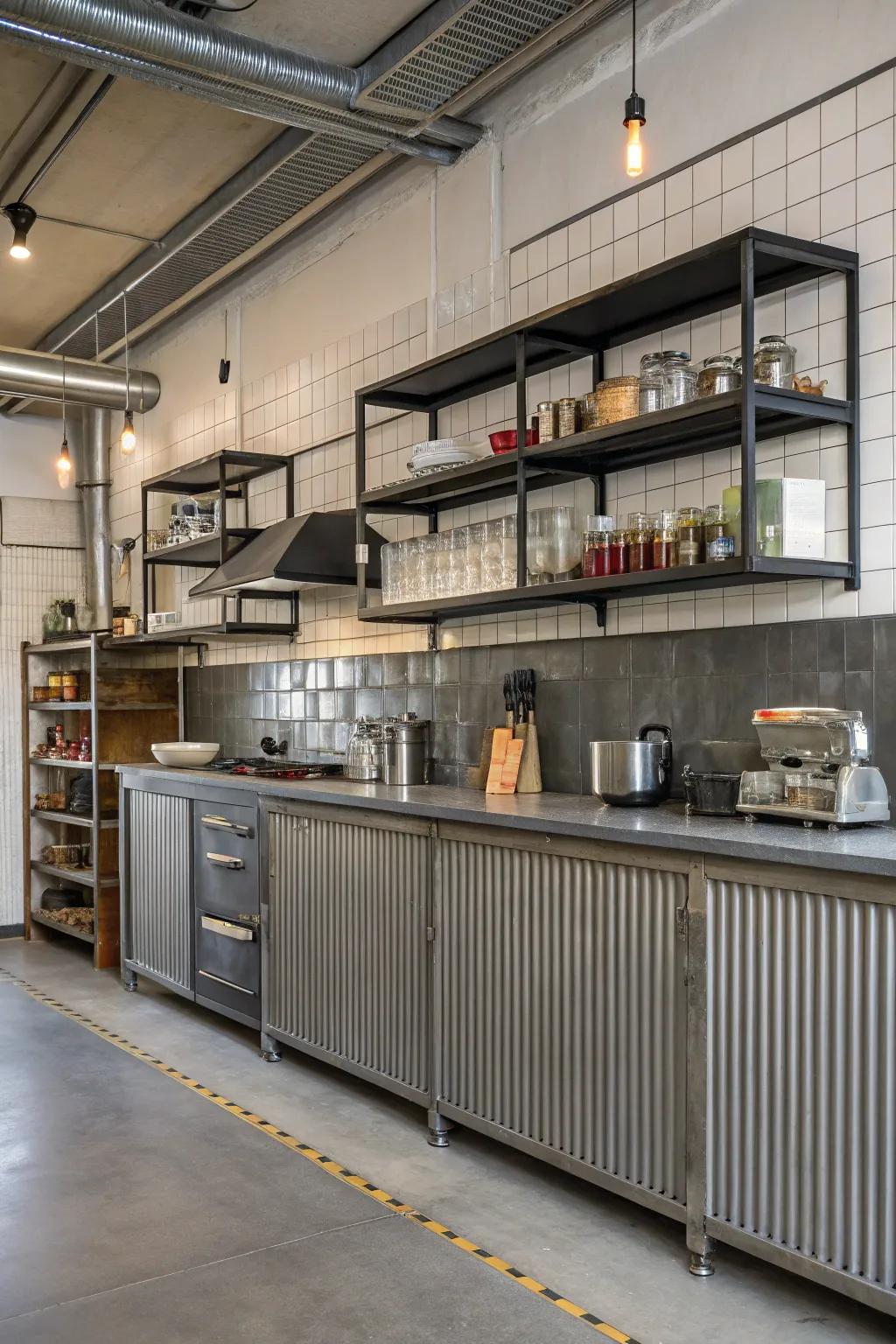 Metal wainscoting brings industrial charm to your kitchen.