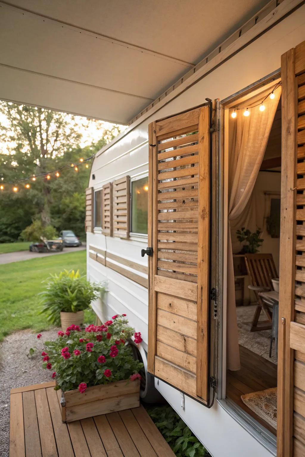 DIY pallet shutters giving a rustic feel to a mobile home.