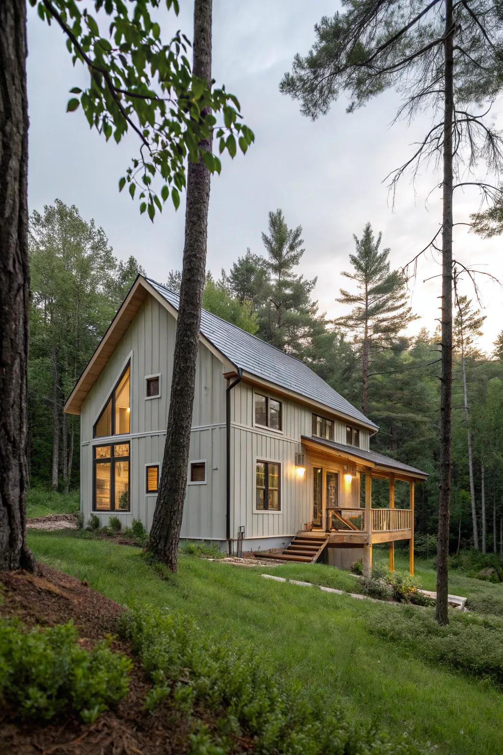 Pale grey and cedar lumber offer a cozy, rustic charm.