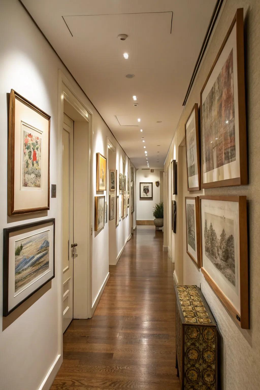 Art pieces add character and personal touch to the hallway.