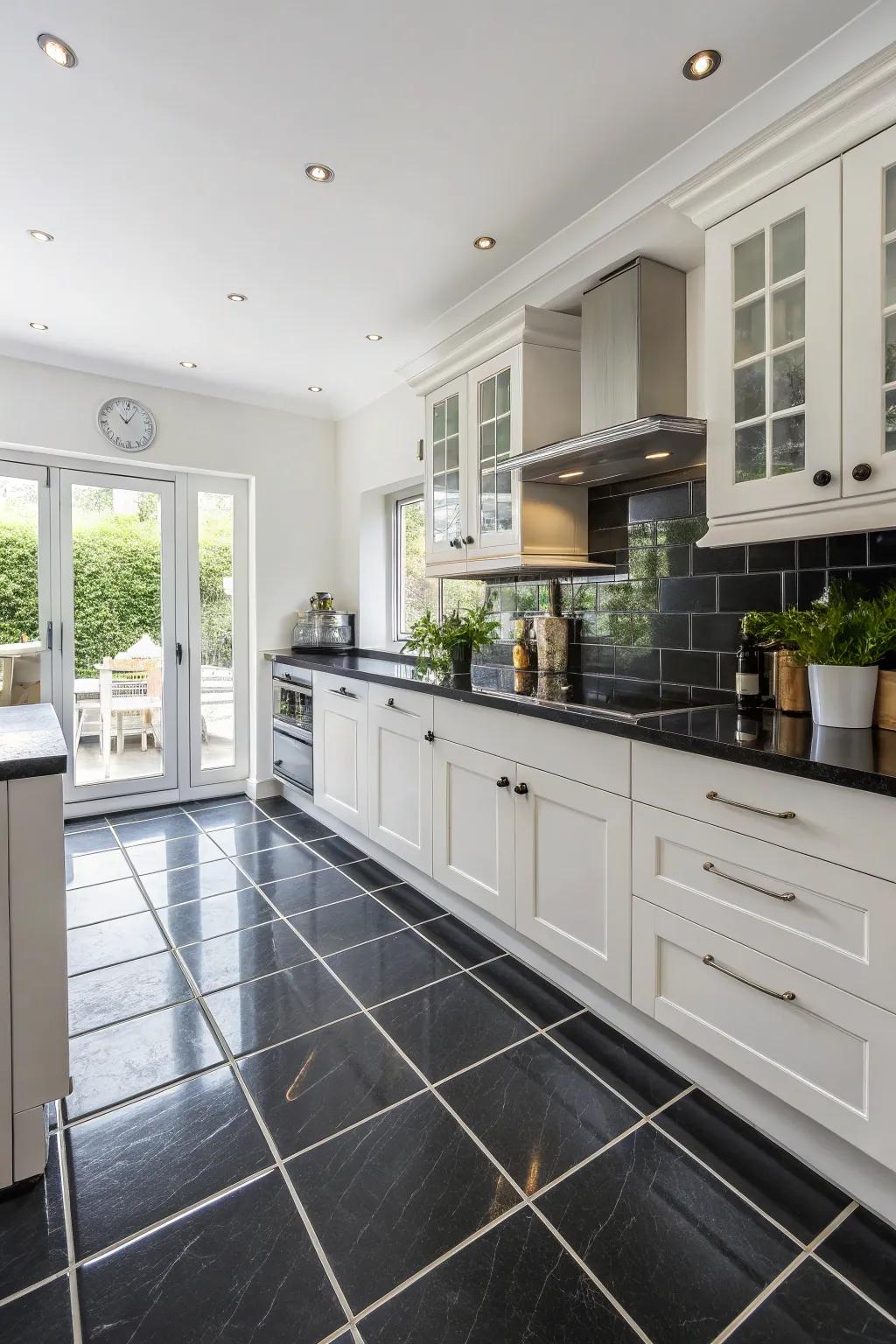 Striking ebony tiles create a bold contrast in this modern kitchen.