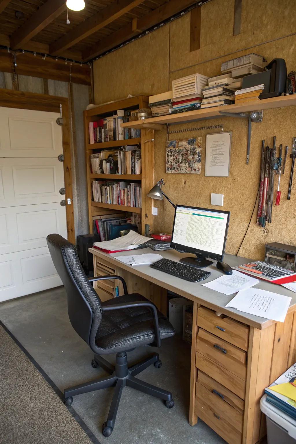 A garage redesigned as a tranquil office space.