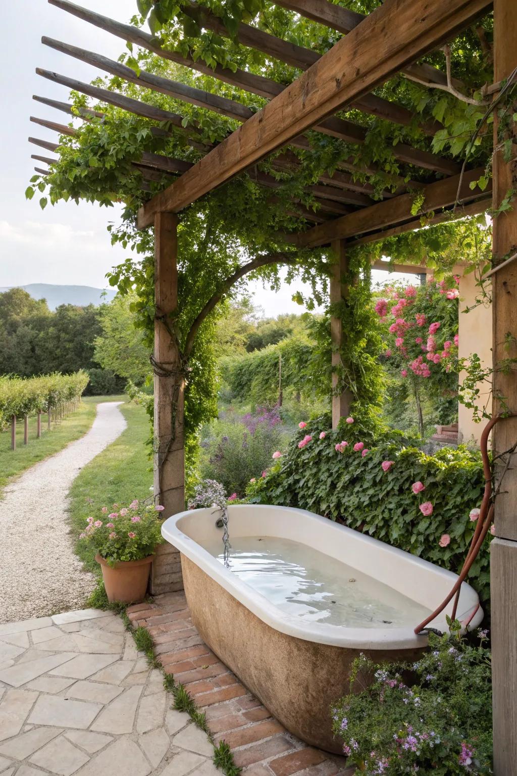 Blend shade and sunlight with a pergola over your bathtub.