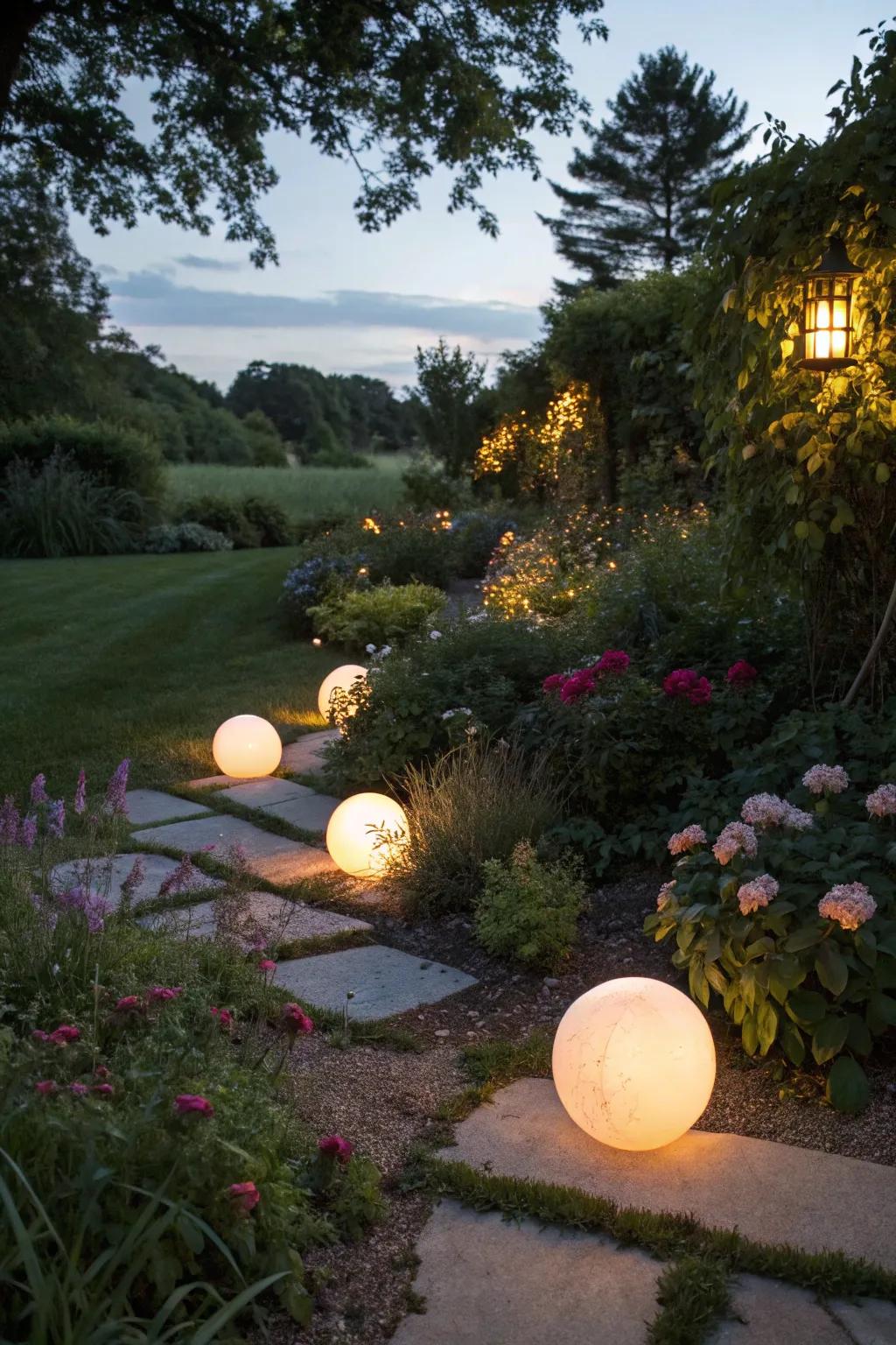 Add a modern flair with glowing spheres in your garden.