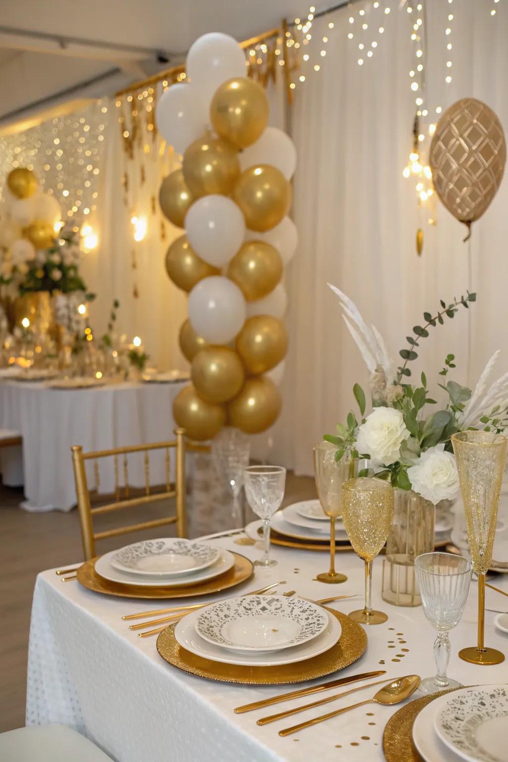 A gold and white theme adds a touch of elegance to any celebration.