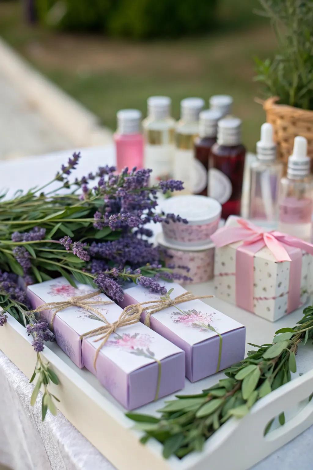 Party favor table decorated with fresh lavender and greenery.