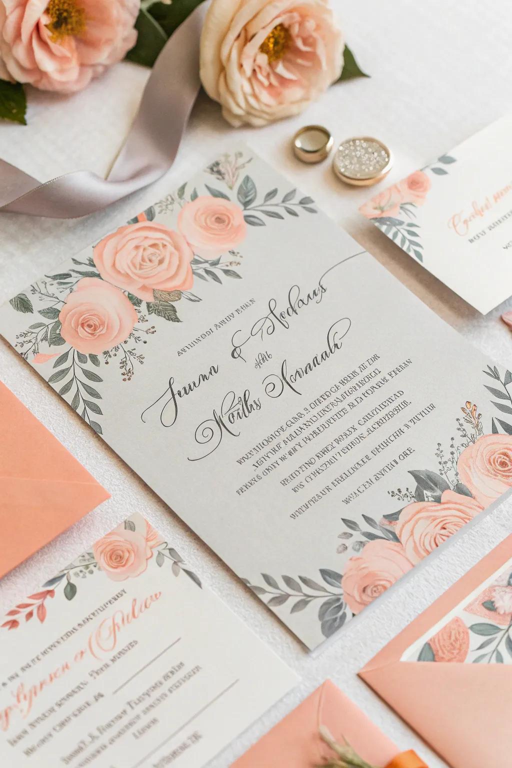 Stylish peach and gray invitations to set the perfect tone.