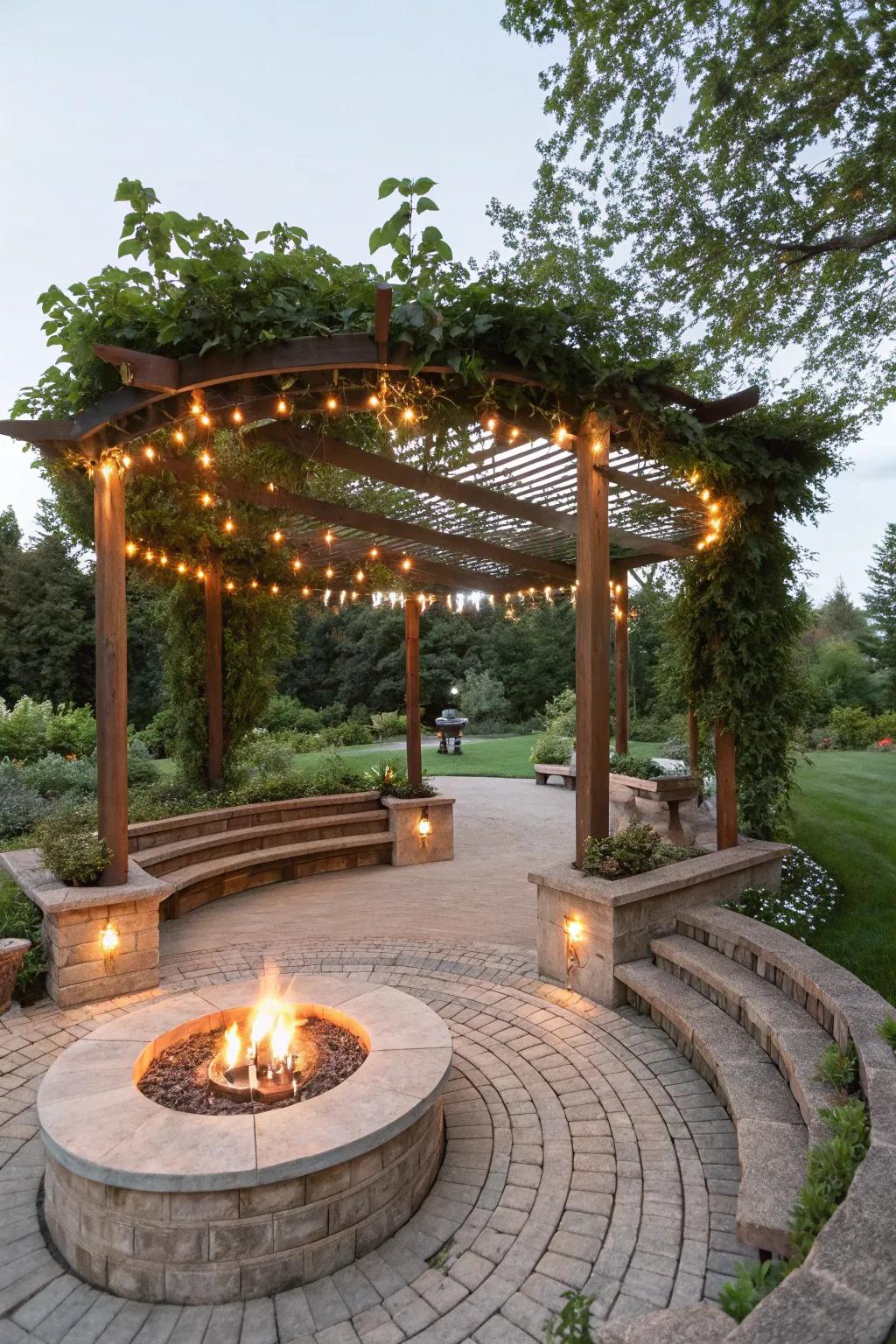 Infuse dimension with a tiered pergola and fire pit.