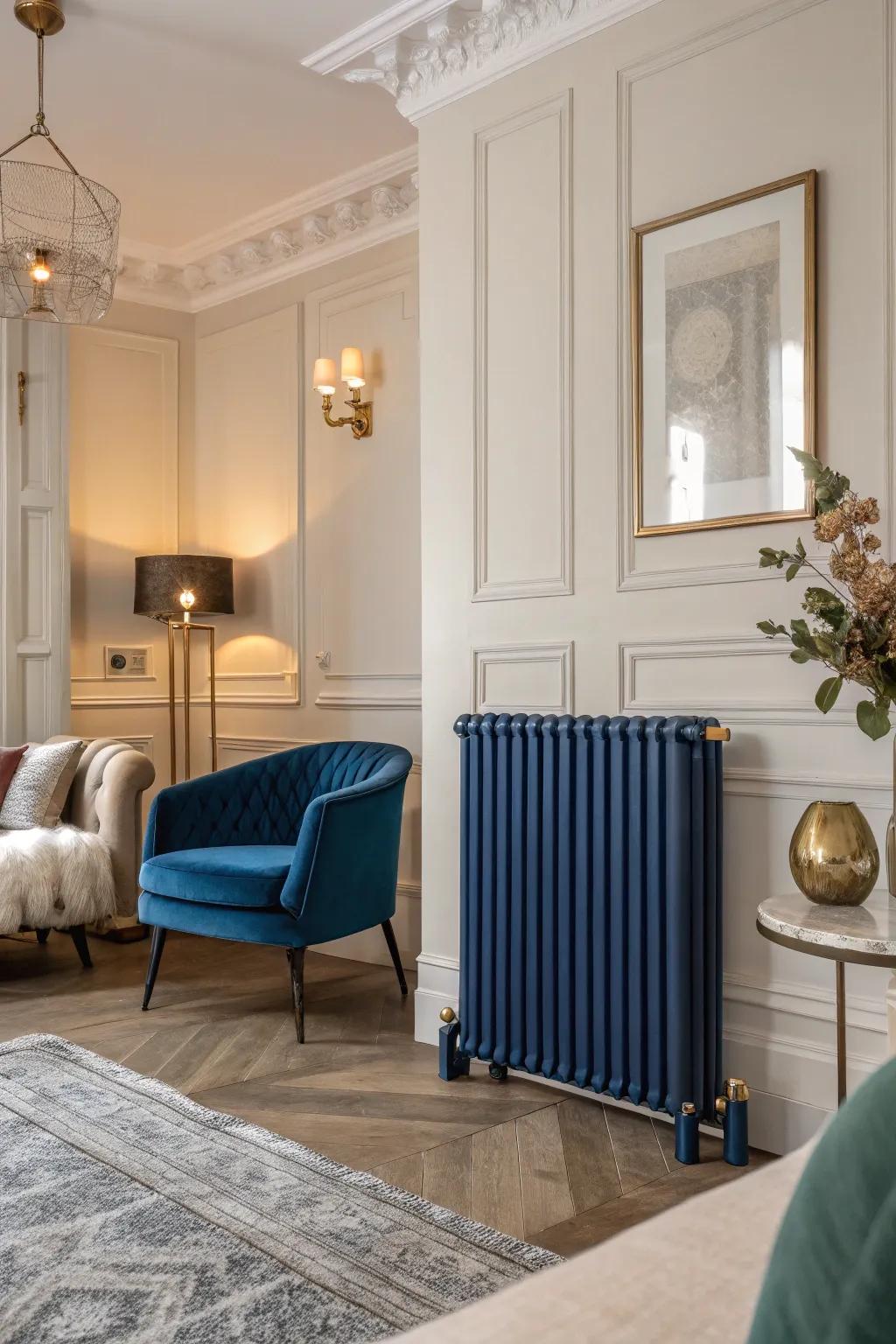 A deep blue radiator adds drama and depth.