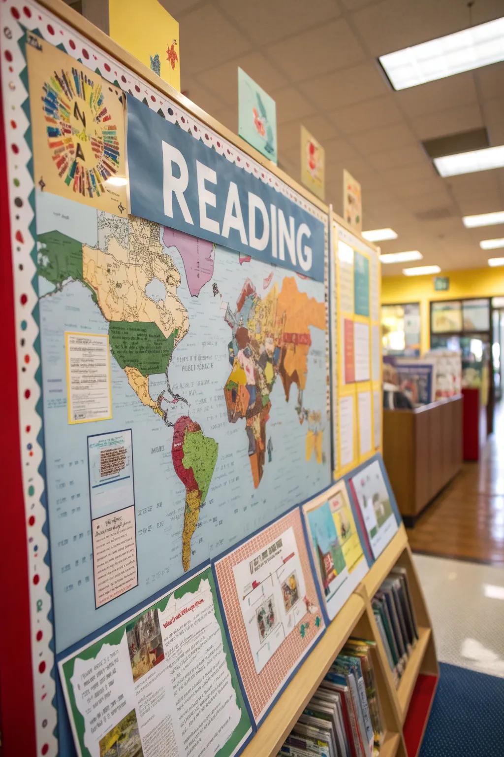 Maps and directional signs invite readers to journey through different book genres.