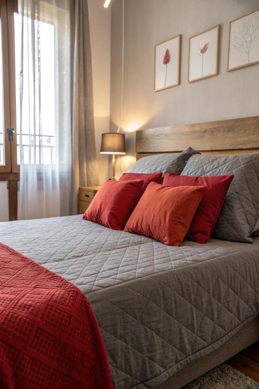 A tranquil bedroom with grey and red accents.