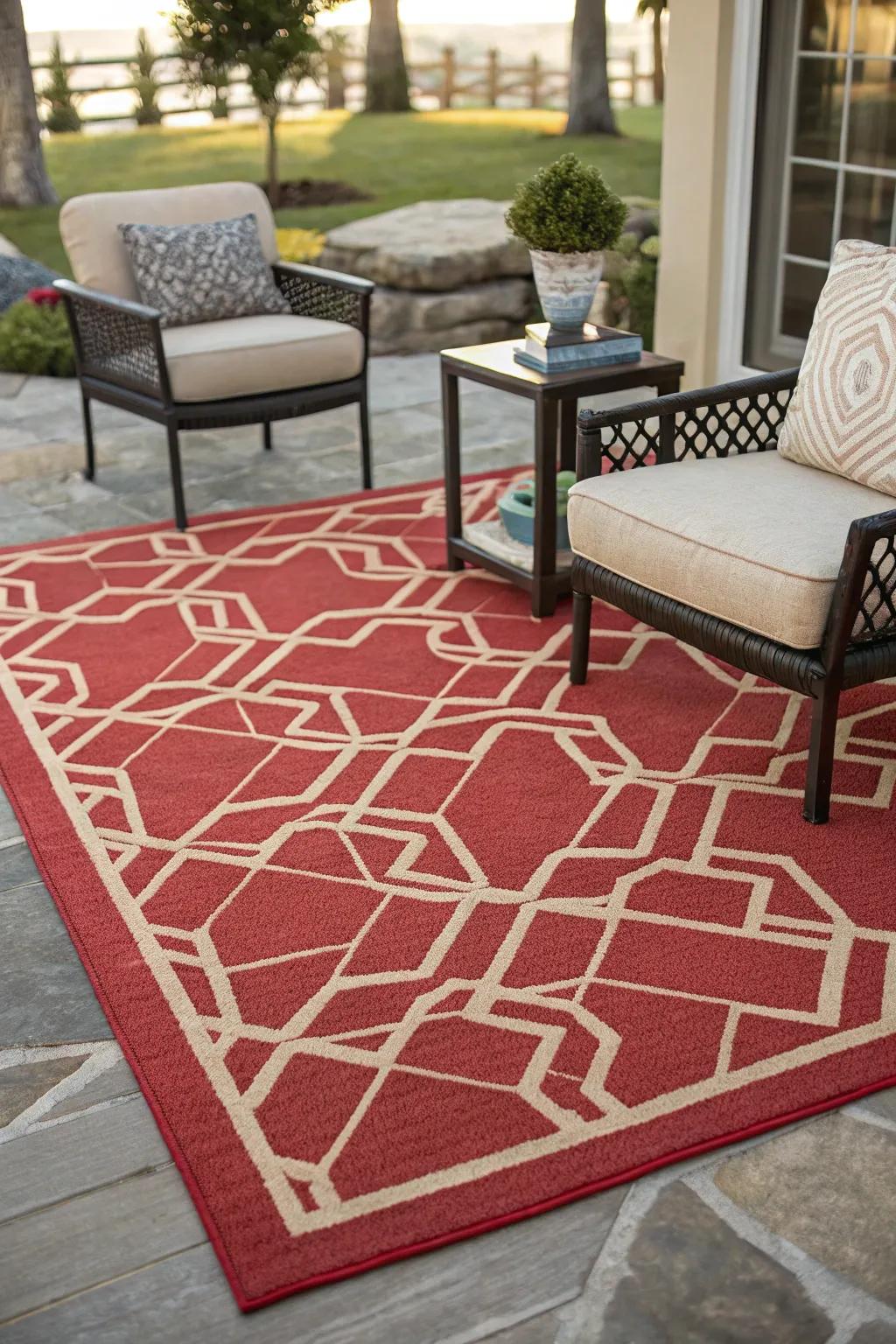 A geometric red rug brings the patio space together.