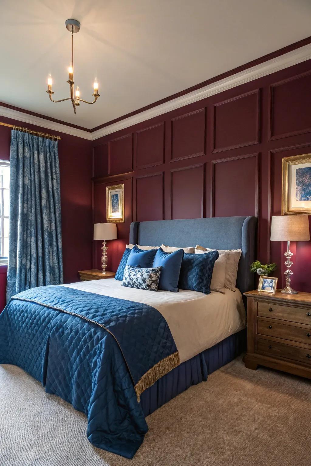 Deep colors such as burgundy and royal blue set a regal mood in this bedroom.