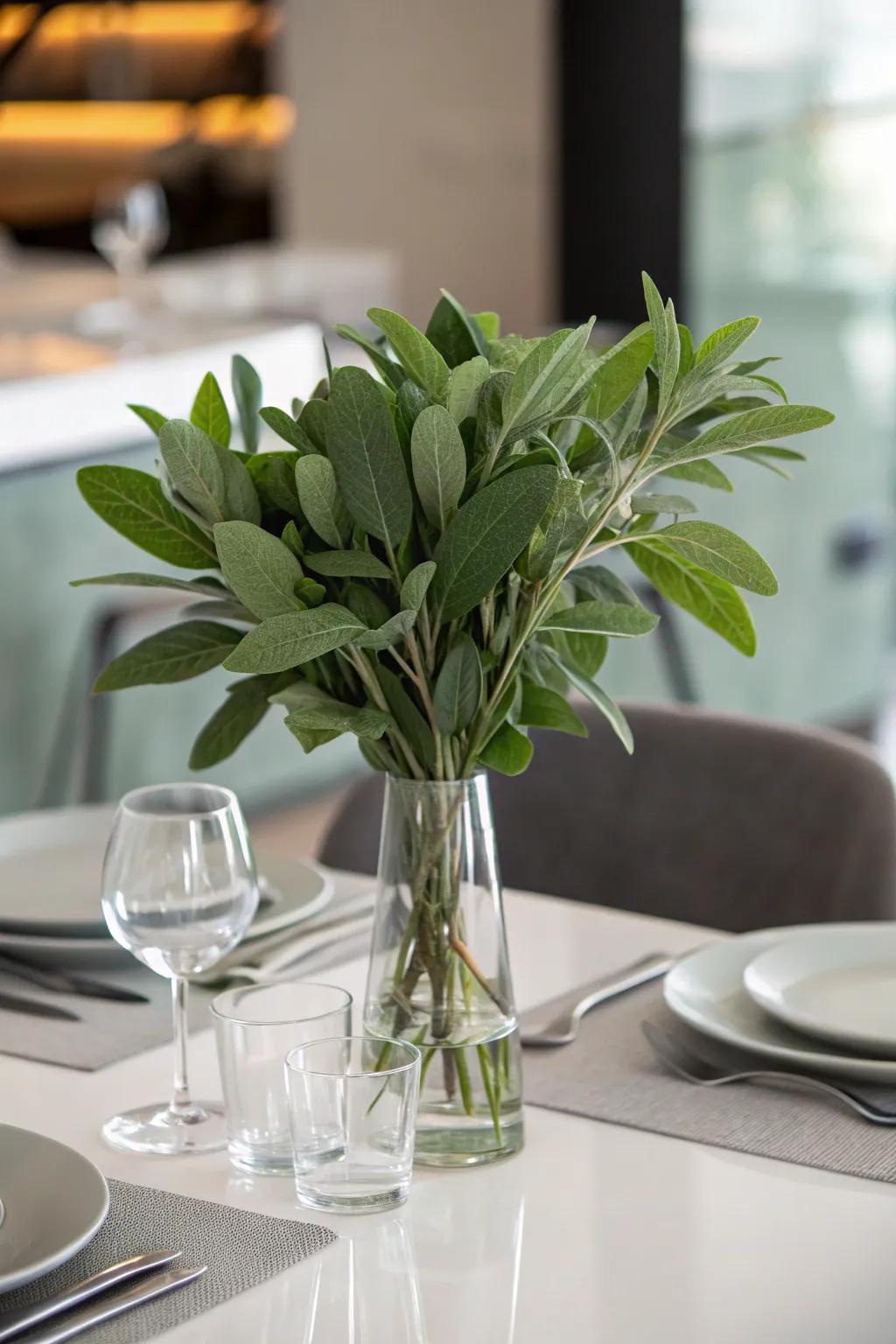 Minimalist elegance with glass and sage green foliage.