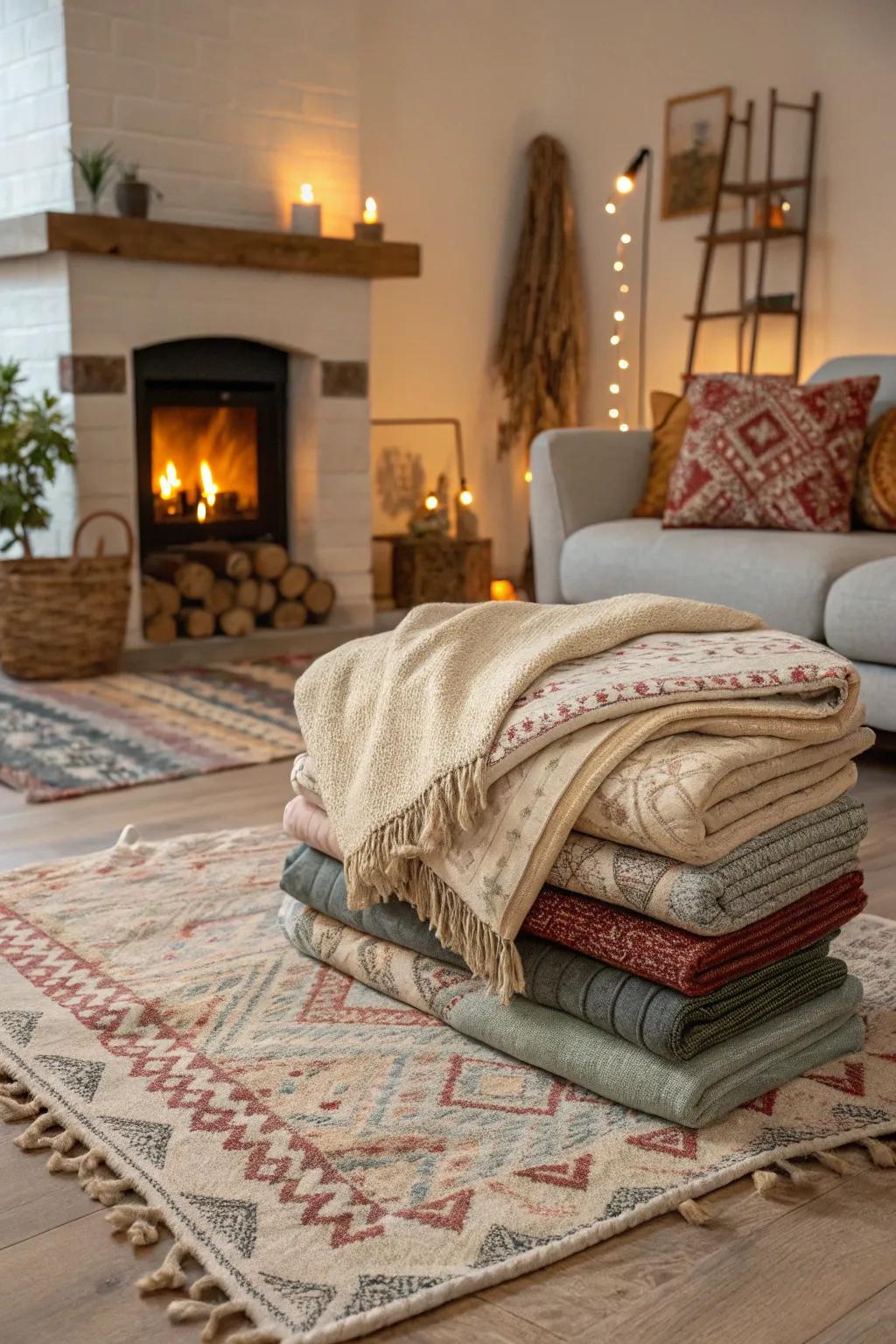 Layered rugs add warmth and define the seating area around the fireplace.