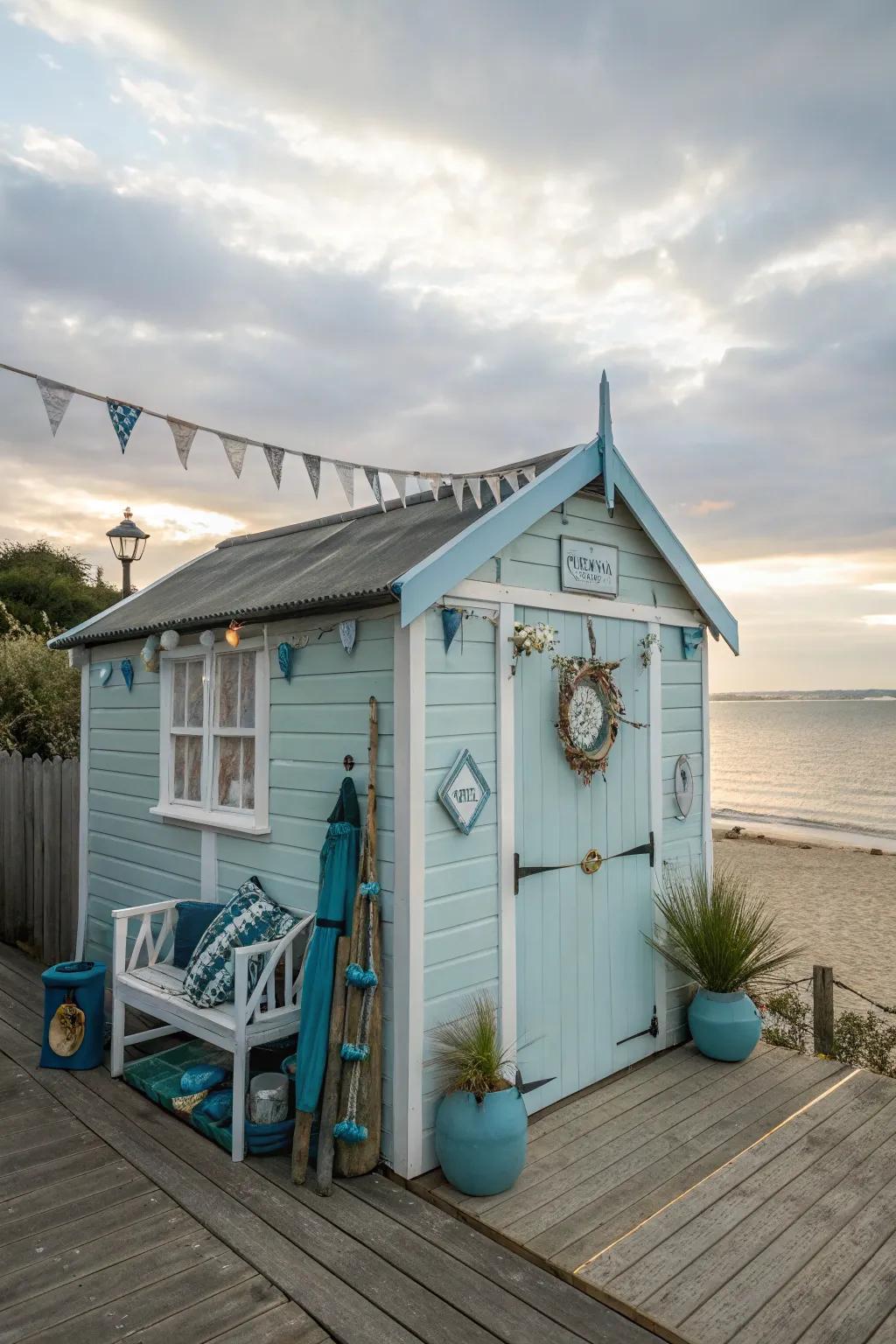Design a coastal retreat using light shades and airy decor to capture a beachy vibe in your she shed.