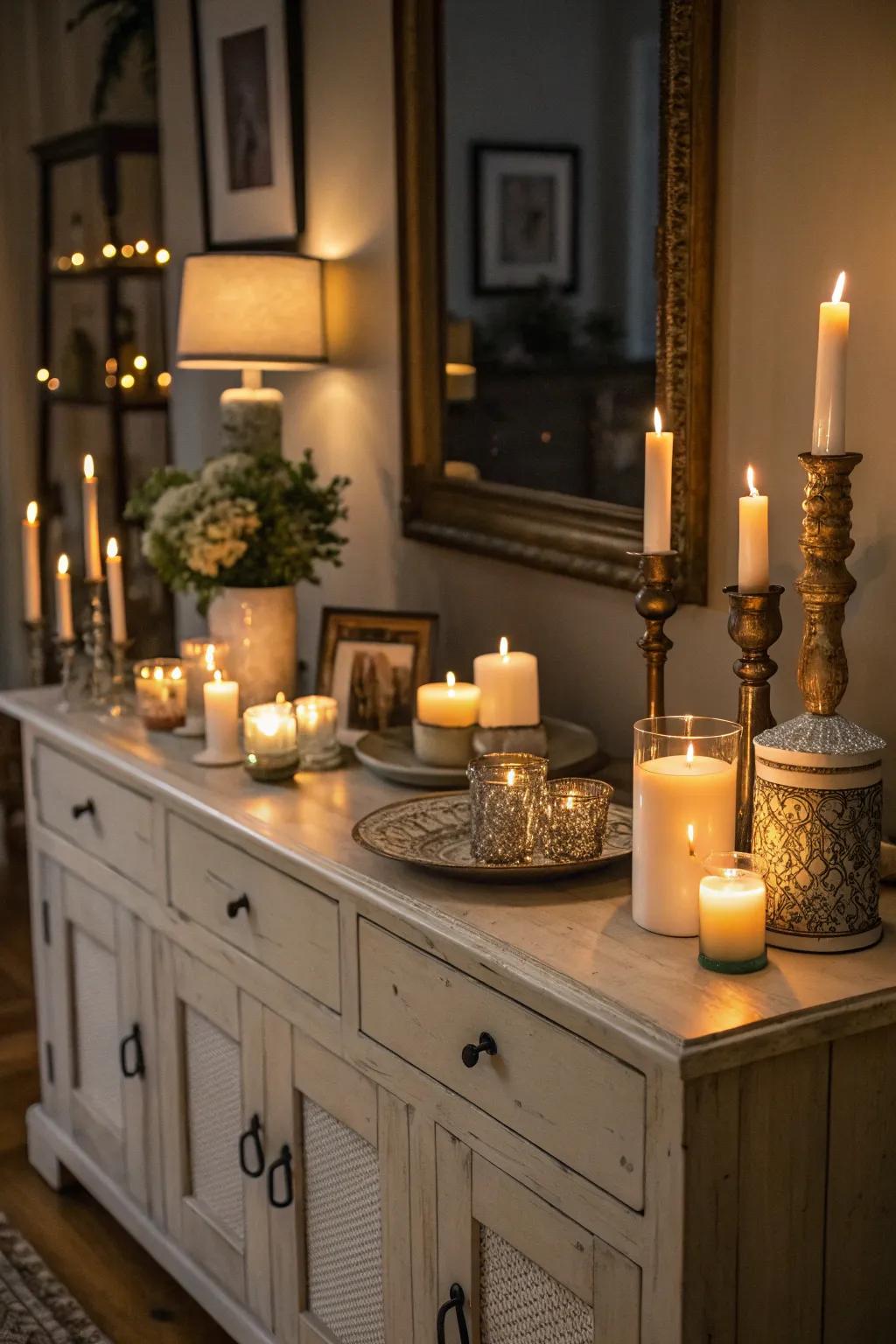 Candles at different heights create a warm and welcoming glow on this sideboard.