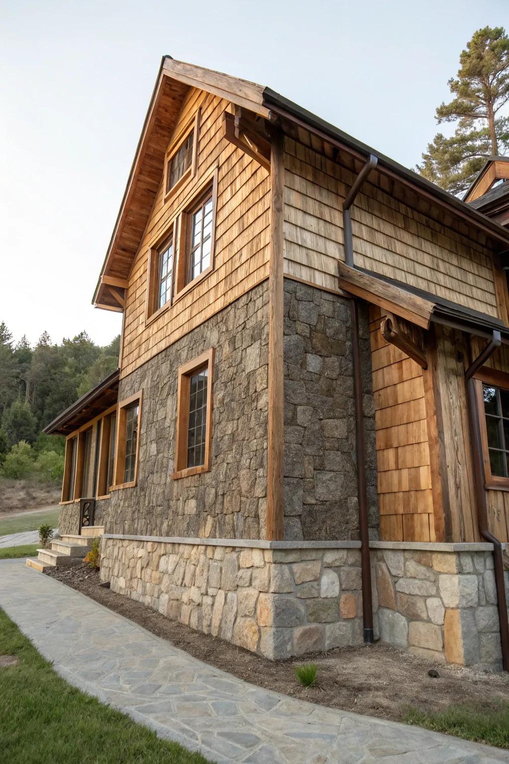 Mixing wood and stone siding for an intriguing facade.