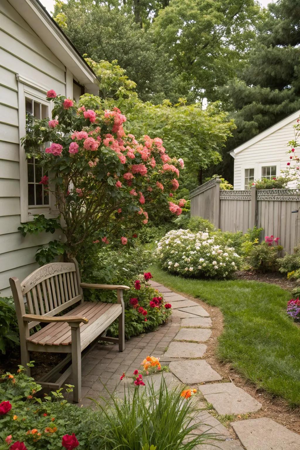 A quiet seating nook turns the side yard into your own special retreat.