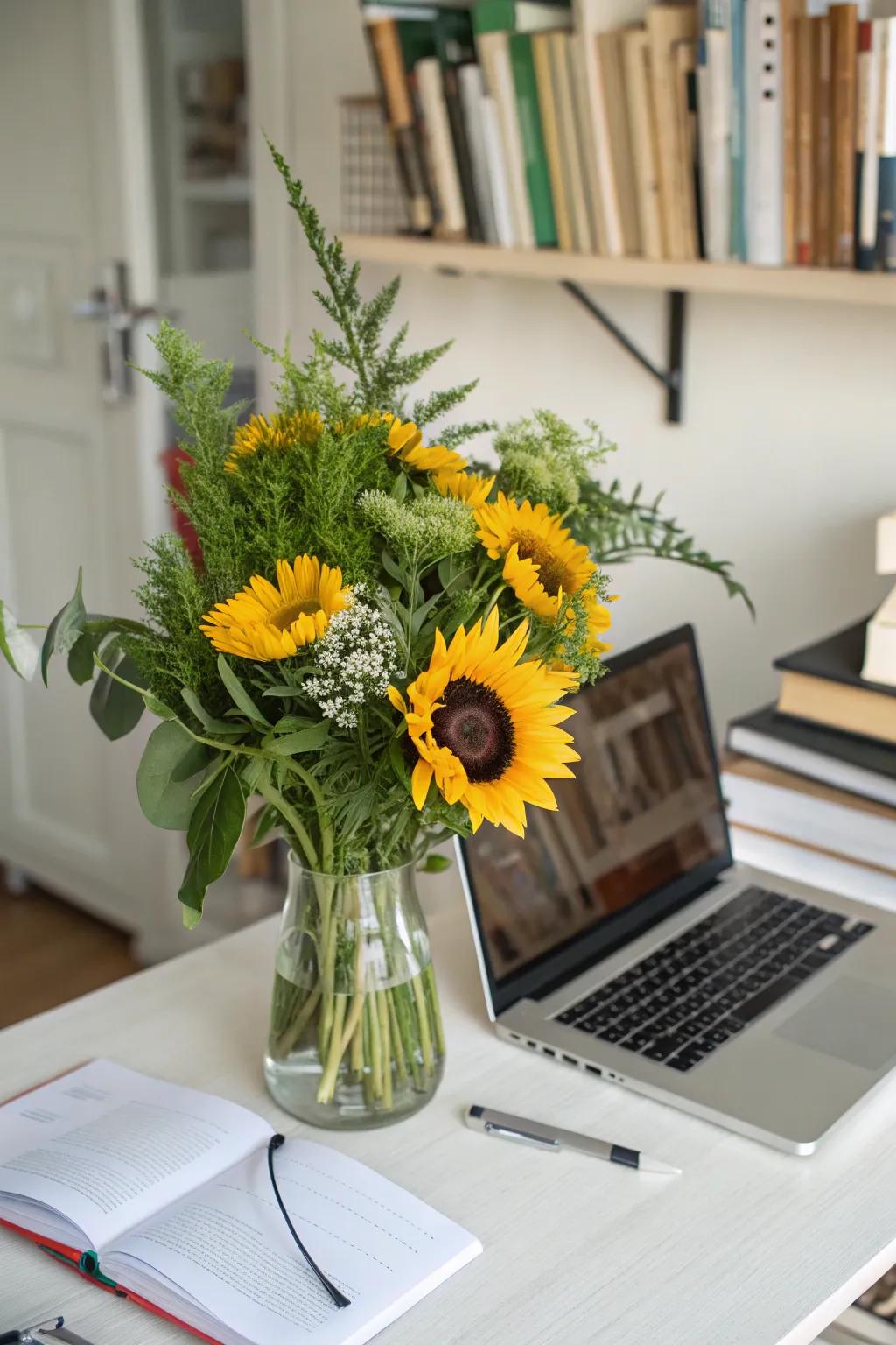 A refreshing sunflower and greenery arrangement perfect for a workspace.