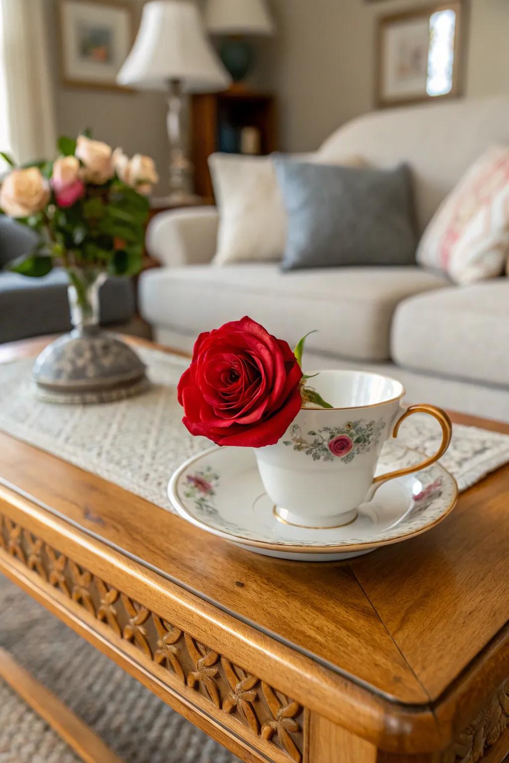 A rose in a tea cup adds a touch of whimsy to your decor.