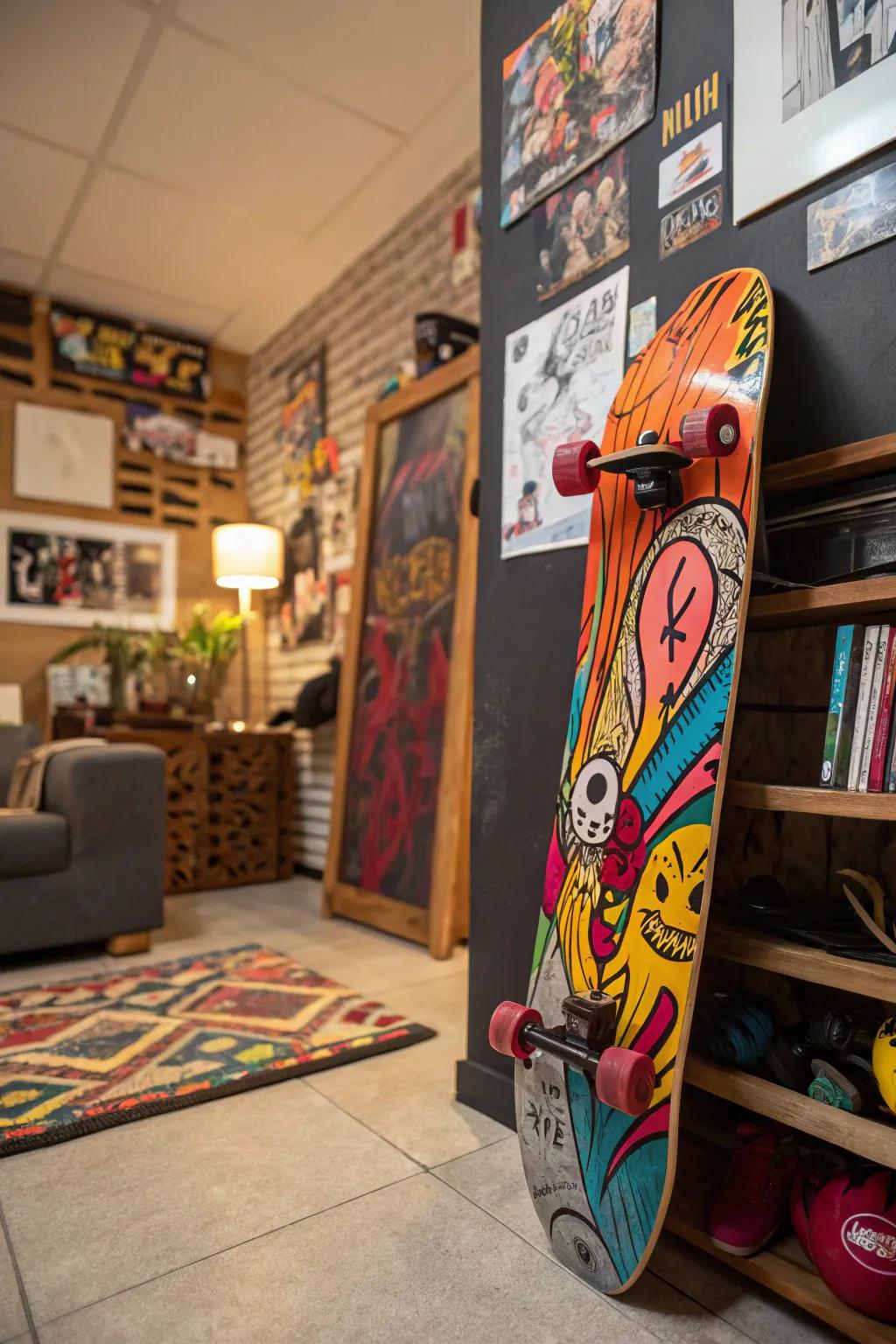 Add a burst of color with graffiti-inspired skateboard art.