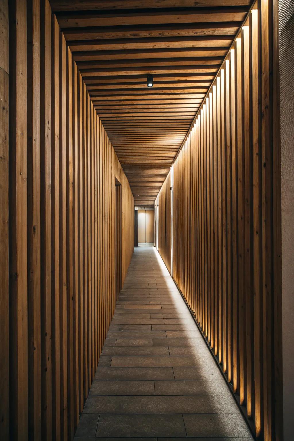 A hallway enhanced by vertical wood slats that add visual height.